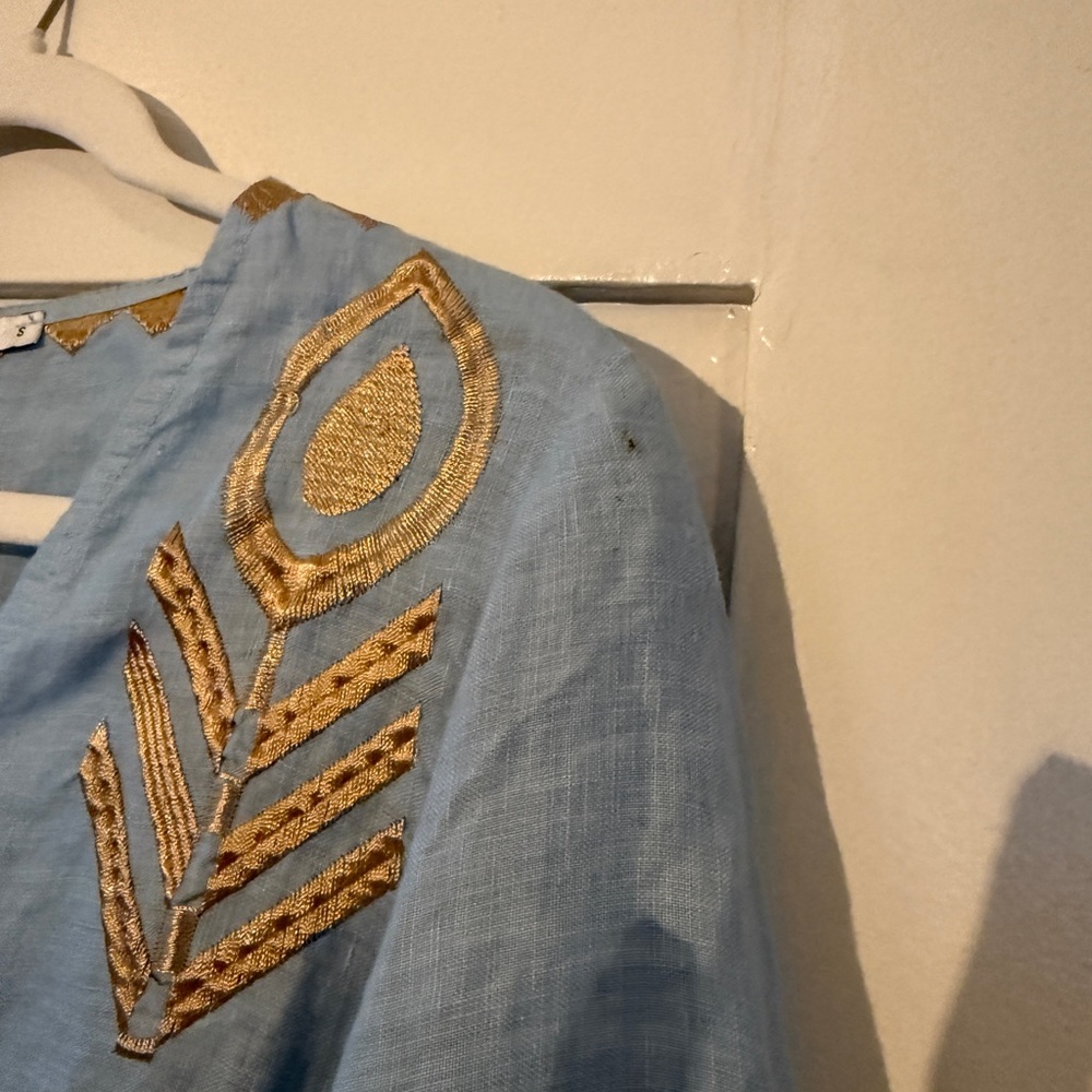 Greek Archaic Kori 100% Linen Top blue gold - Picture 9 of 10